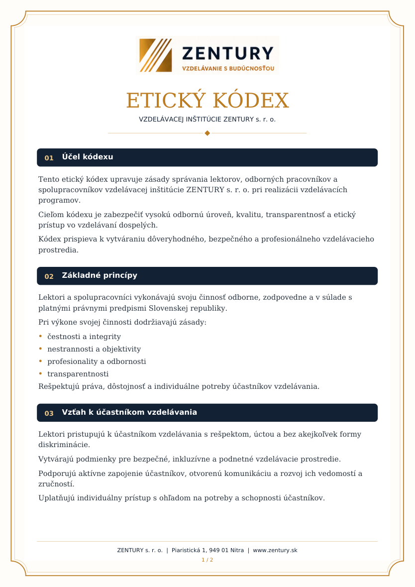 Náhled etického kodexu vzdělávací instituce