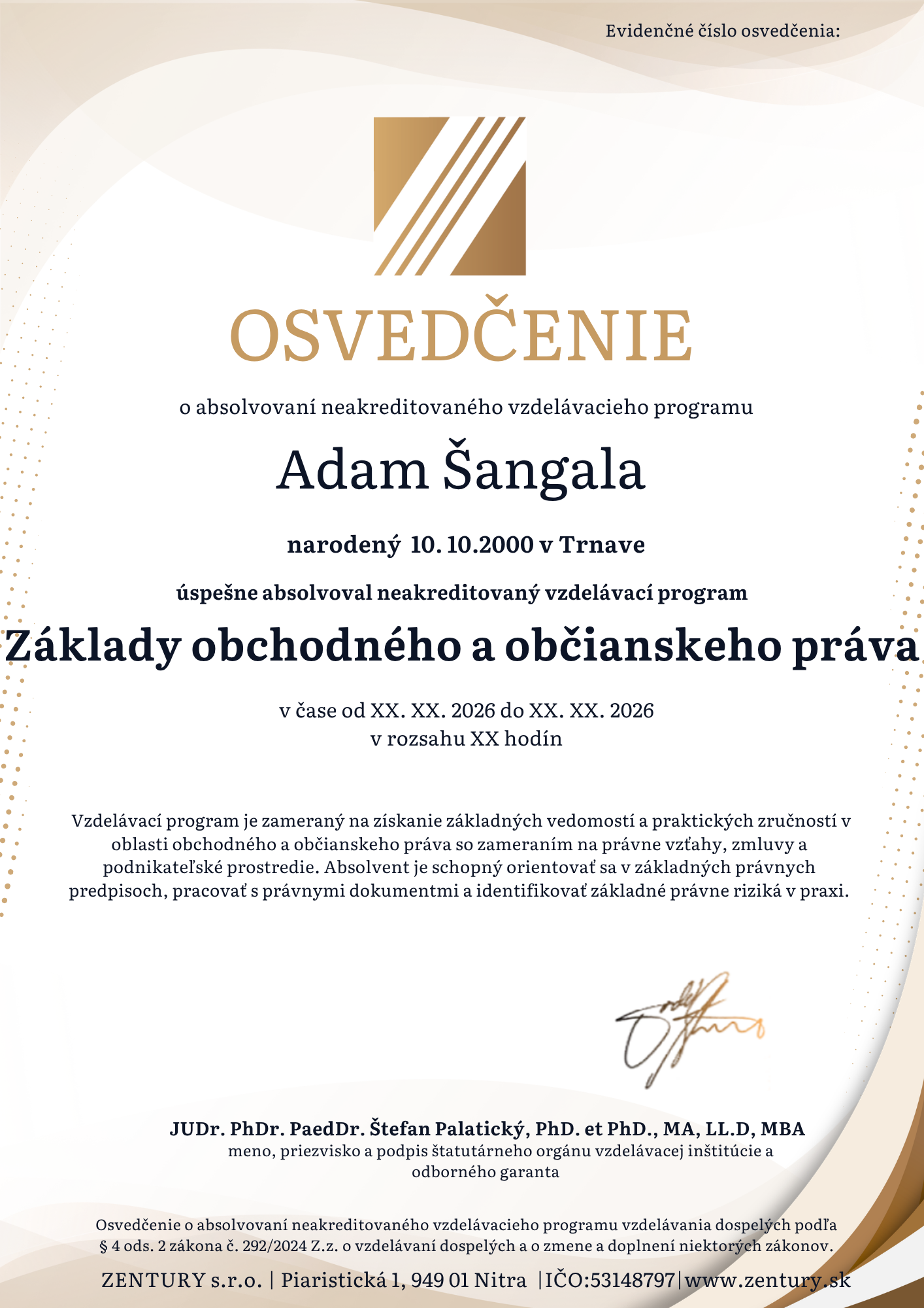 Náhled vzoru osvědčení ZENTURY